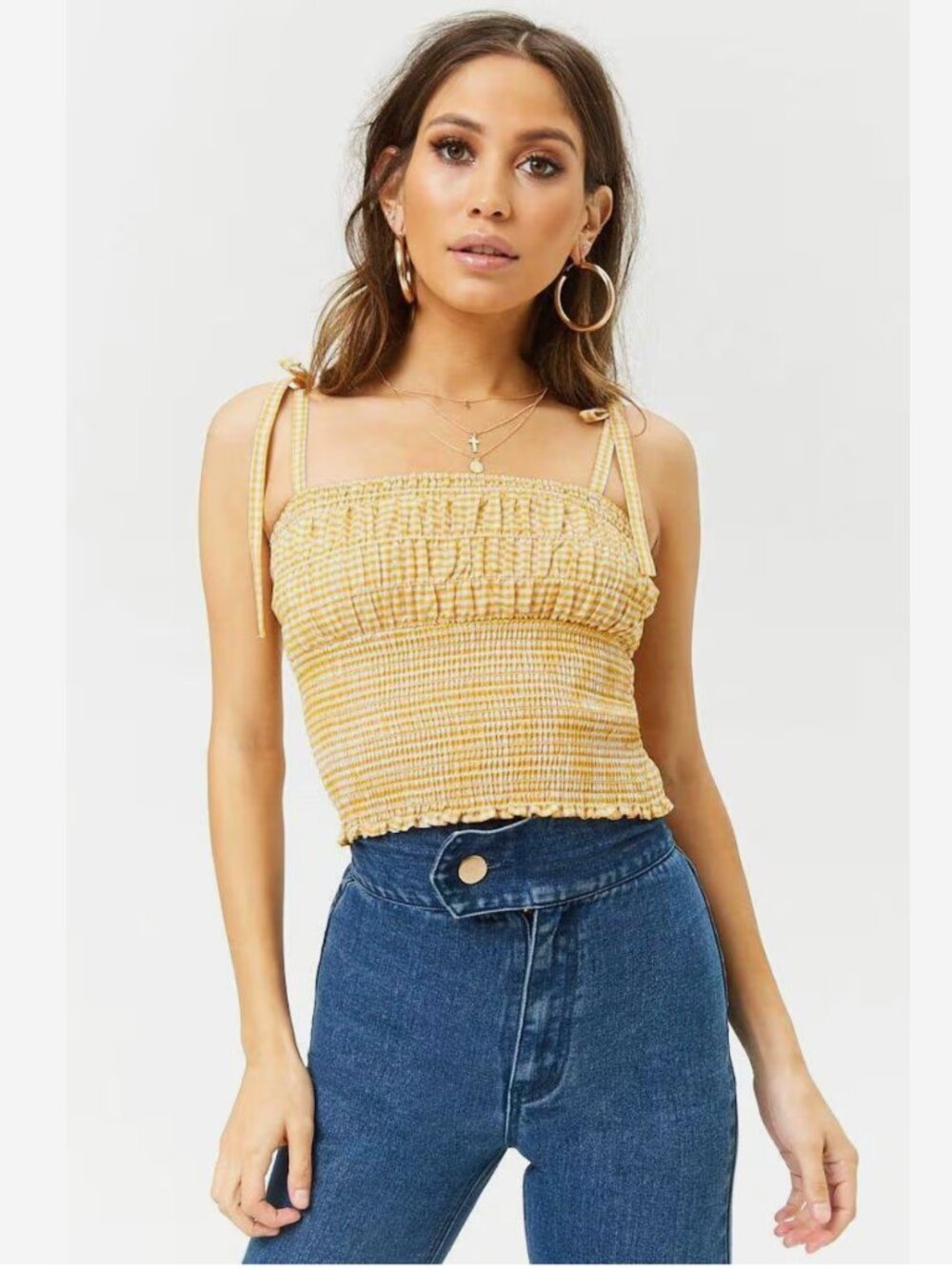 Forever 21 Mustard Yellow Gingham Smocked Crop Top Size M